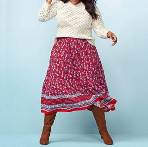 LOFT Boho Floral Tiered Skirt in Strong Red L